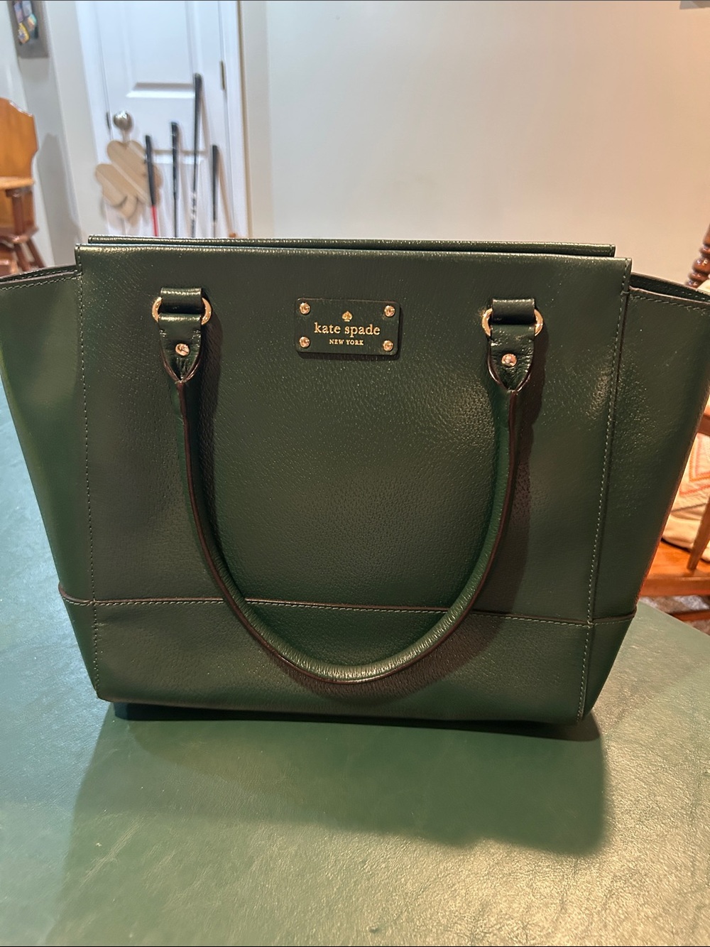 kate spade Dark Green Leather Shoulder Tote with Gold Hardware